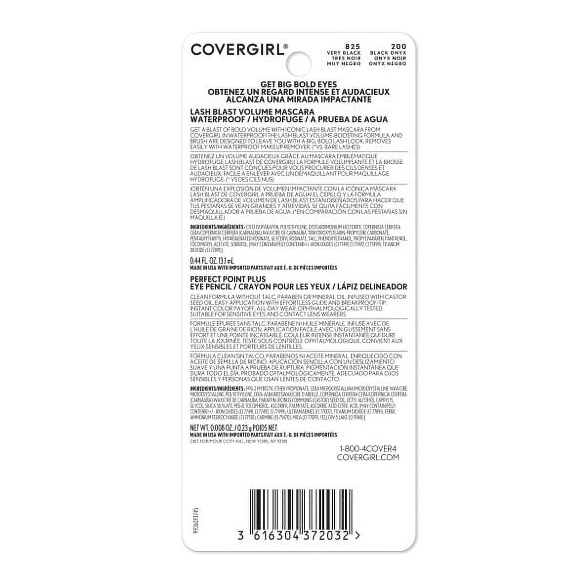 COVERGIRL Lash Blast Volume Mascara Waterproof + Perfect Point Plus Eyeliner Pencil Value Pack, 825 Very Black + Black Onyx