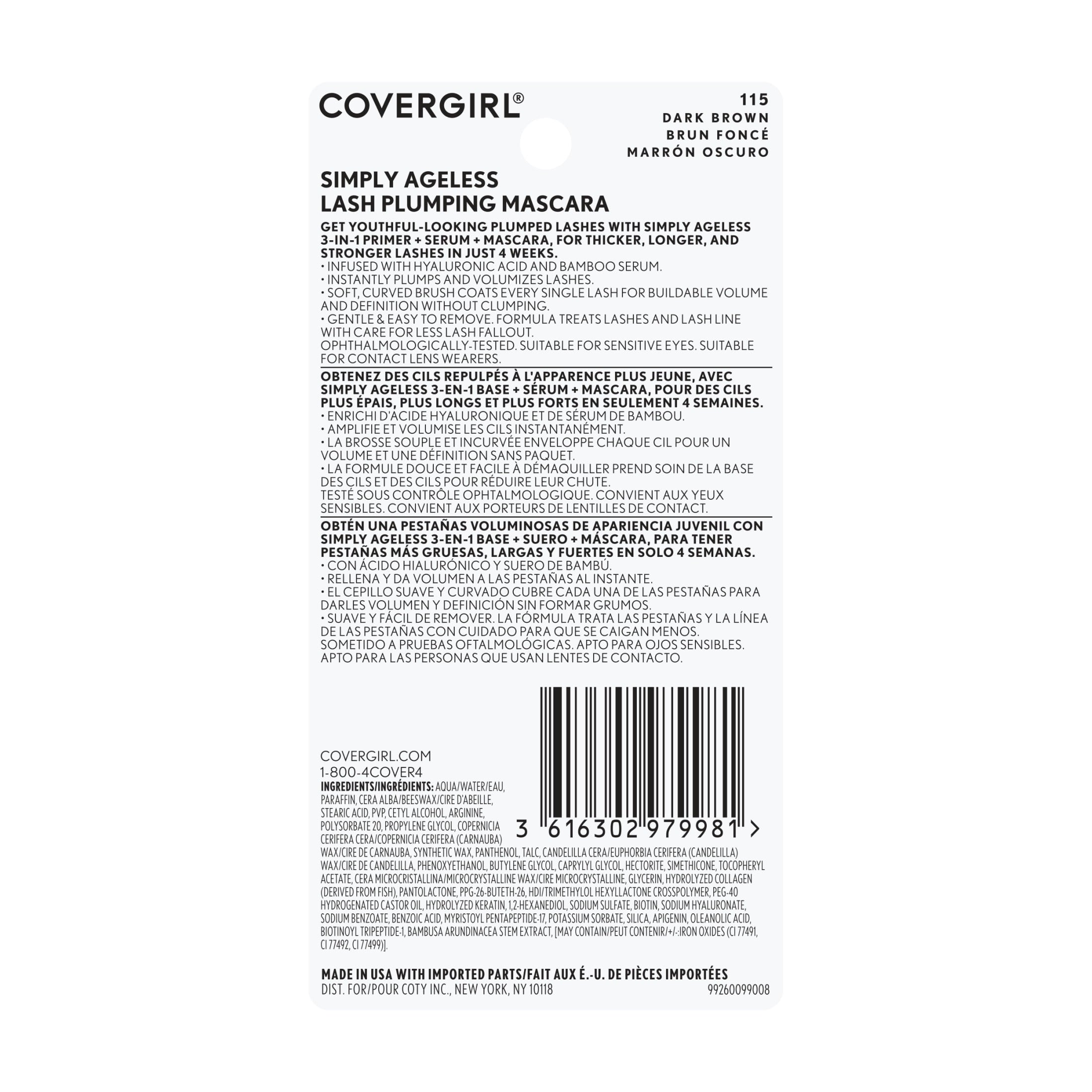 COVERGIRL Simply Ageless Lash Plumping 3-in-1 Mascara, 115 Dark Brown, 0.4 fl oz