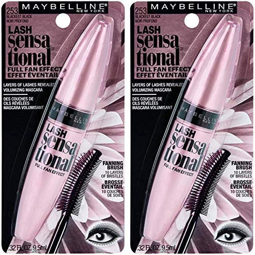 Maybelline Lash Sensational Washable Mascara Makeup, Volumizing, Lengthening, Full-Fan Effect, Blackest Black, 0.32 Fl Oz, 2 Count