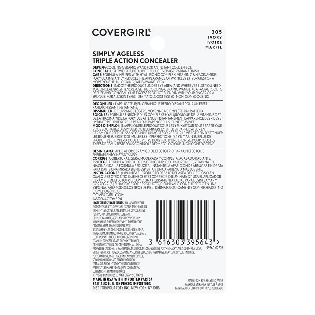 COVERGIRL Simply Ageless Triple Action Concealer, 305 Ivory, 0.24 fl oz