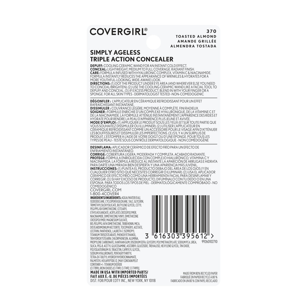 COVERGIRL Simply Ageless Triple Action Concealer, 370 Toasted Almond, 0.24 fl oz