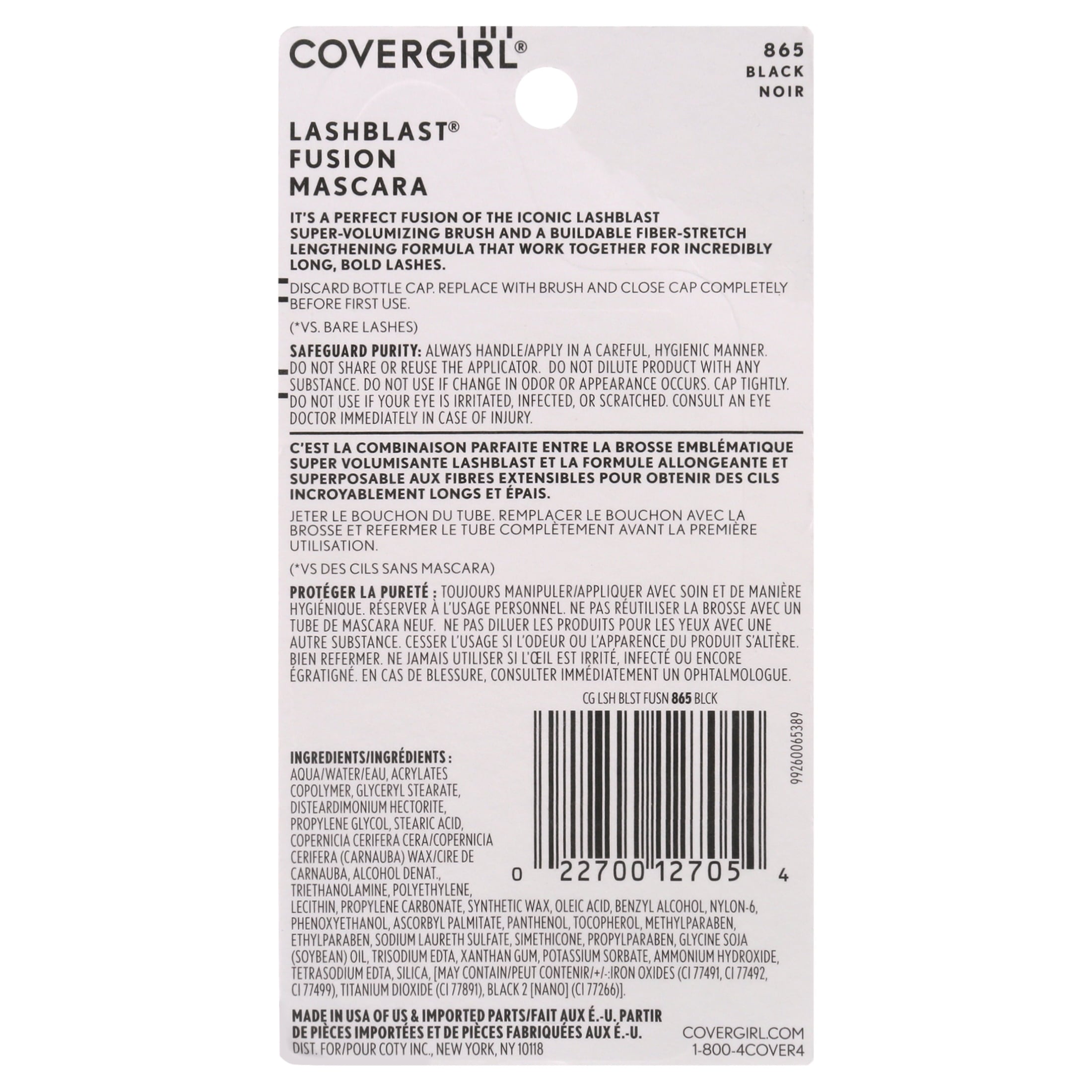 COVERGIRL Lash Blast Fusion Mascara, 865 Black, 0.44 oz, Mascara for Volume, Volume and Length Mascara, Oversized Brush, FIberstretch Formula, Cruelty Free