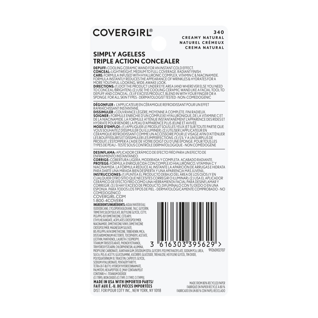 COVERGIRL Simply Ageless Triple Action Concealer, 340 Creamy Natural, 0.24 fl oz