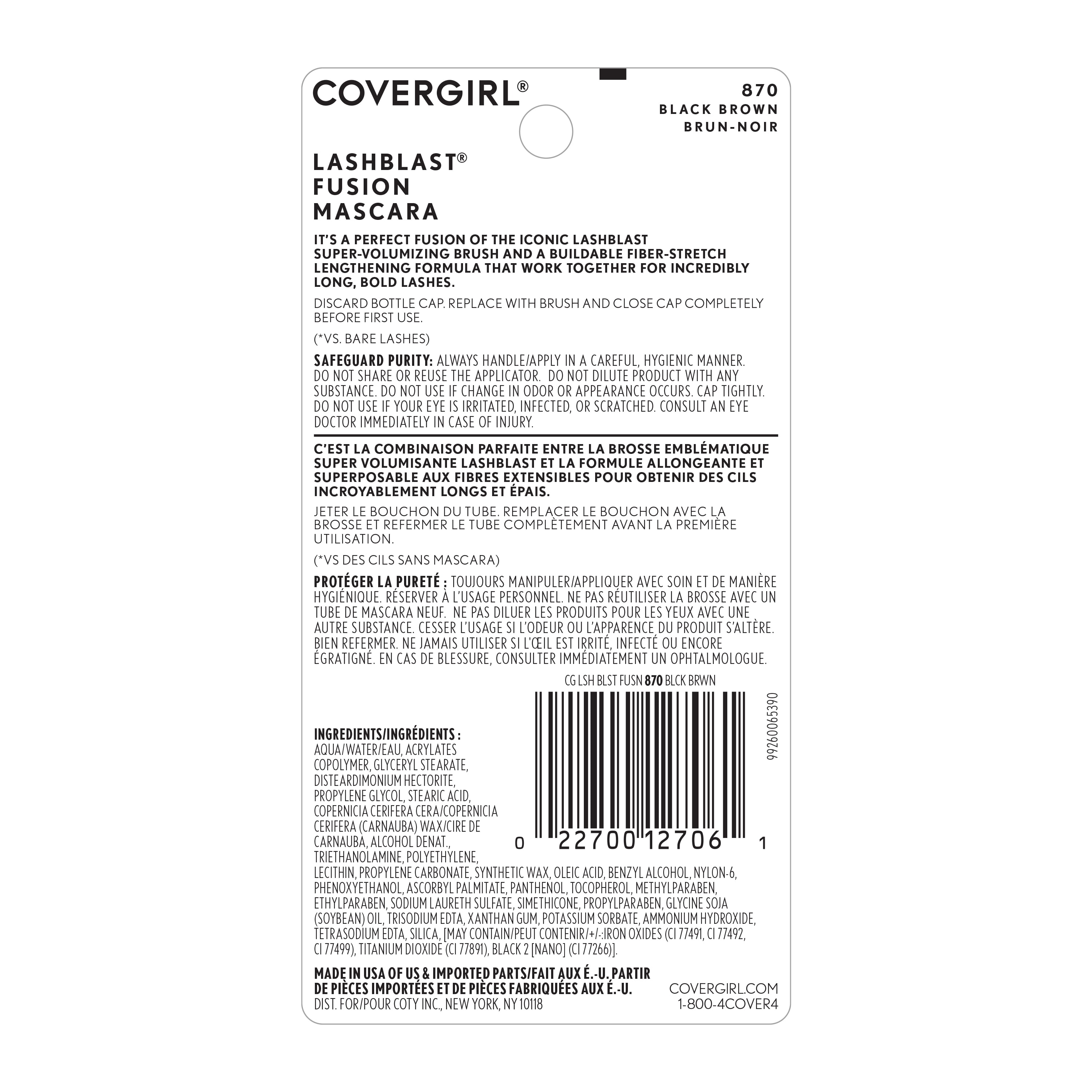 COVERGIRL Lash Blast Fusion Mascara, 870 Black Brown, 0.44 oz, Mascara for Volume, Volume and Length Mascara, Oversized Brush, FIberstretch Formula, Cruelty Free