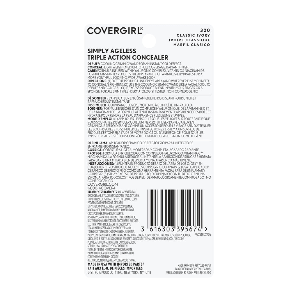 COVERGIRL Simply Ageless Triple Action Concealer, 320 Classic Ivory, 0.24 fl oz