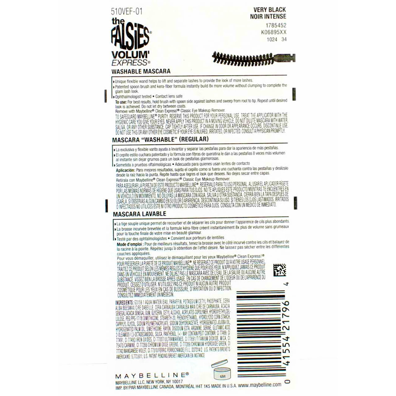 Maybelline Volum' Express The Falsies Spoon Brush Washable Mascara, Very Black [281], 0.25 oz