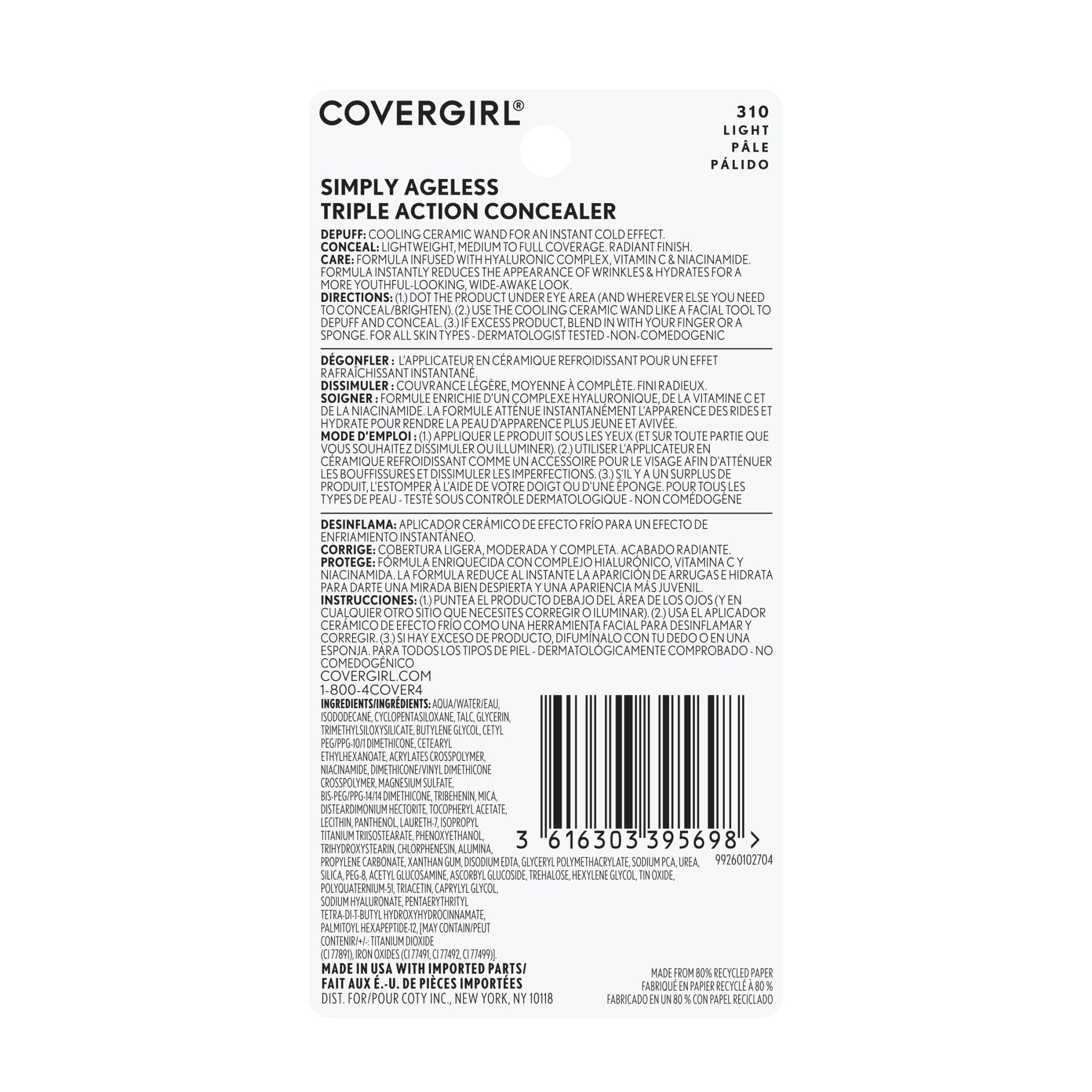 COVERGIRL Simply Ageless Triple Action Concealer, 310 Light, 0.24 fl oz