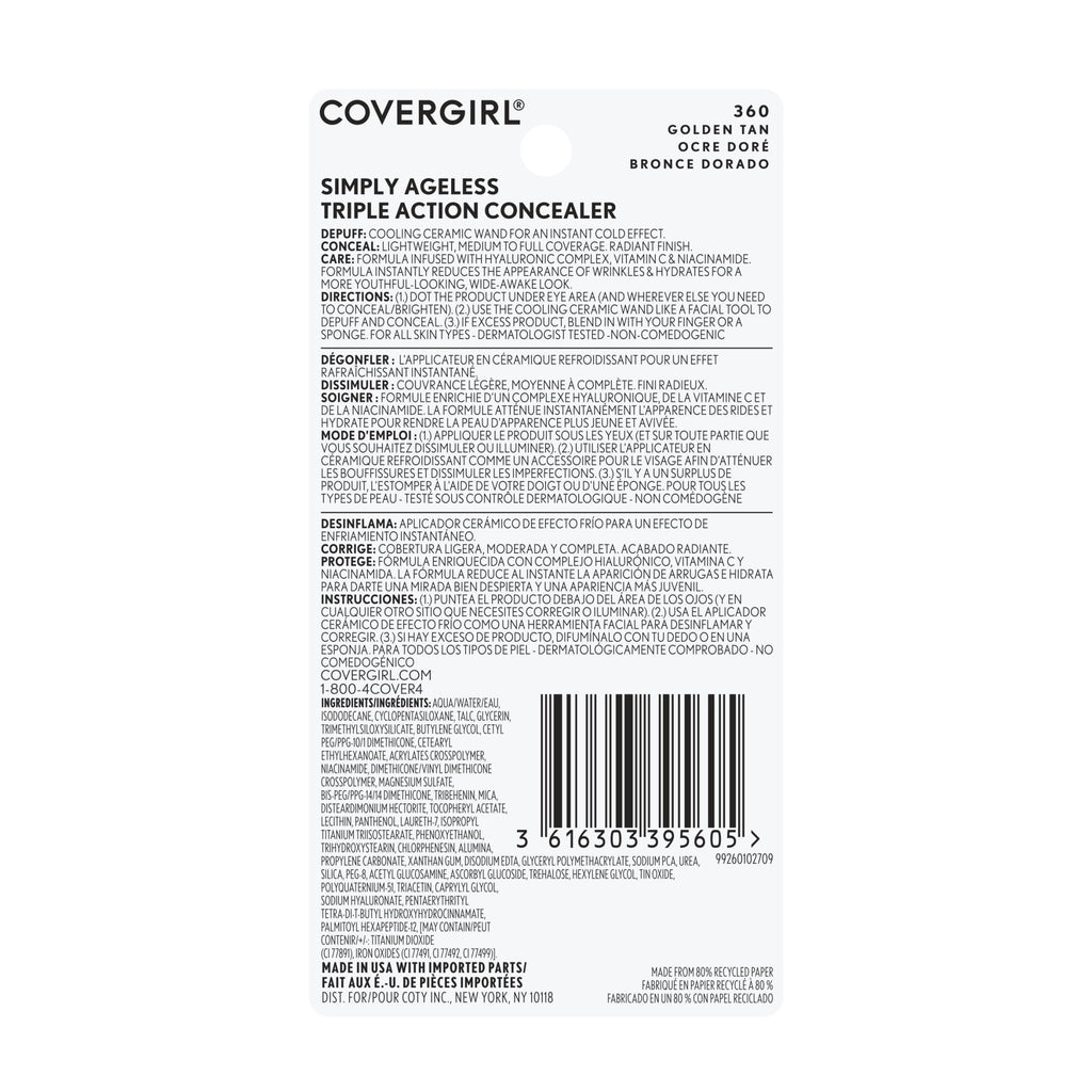 COVERGIRL Simply Ageless Triple Action Concealer, 360 Golden Tan, 0.24 fl oz