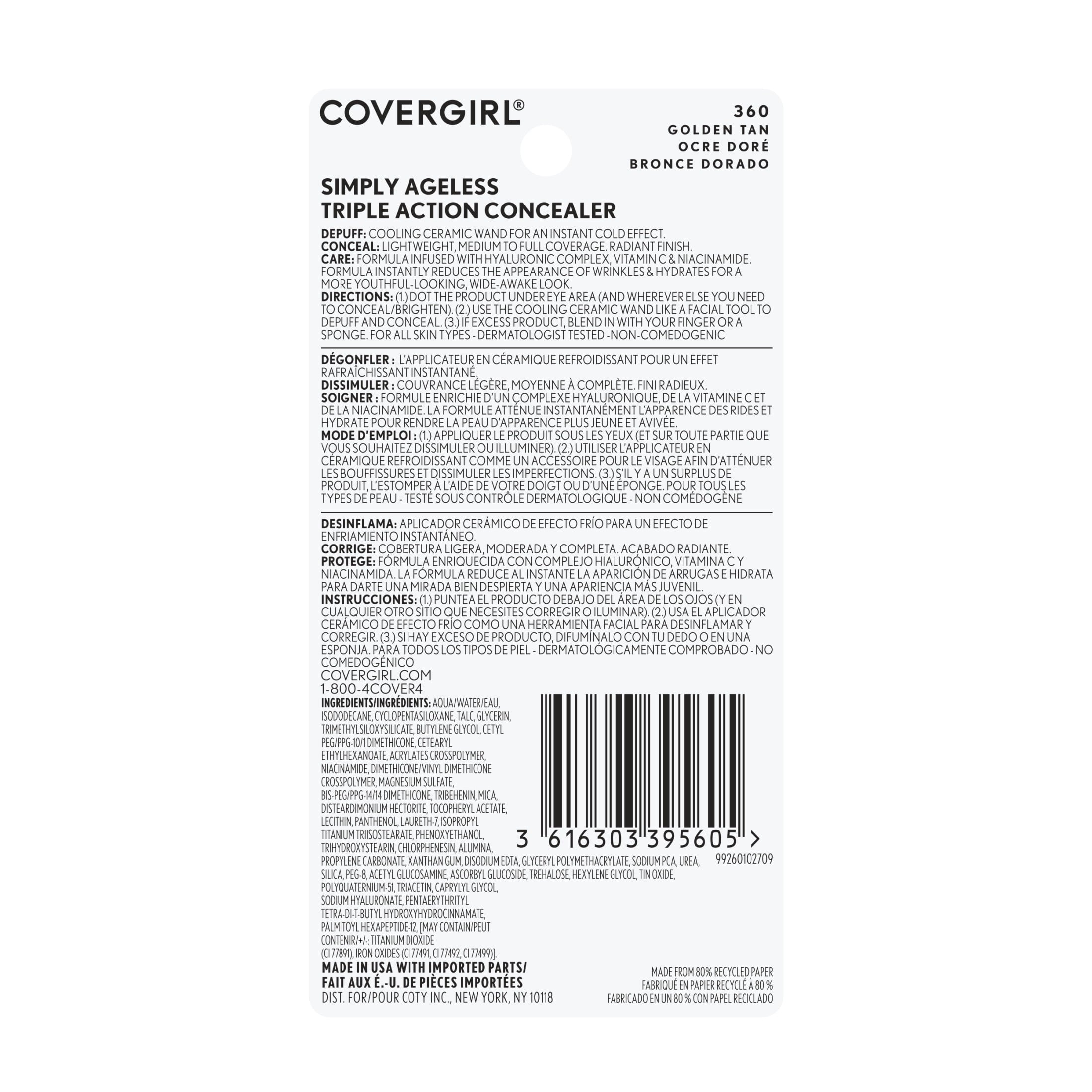 COVERGIRL Simply Ageless Triple Action Concealer, 360 Golden Tan, 0.24 fl oz