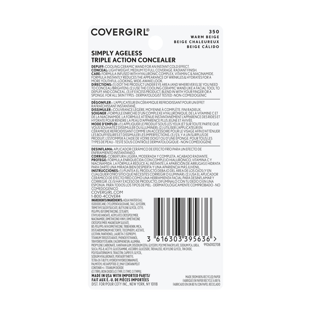 COVERGIRL Simply Ageless Triple Action Concealer, 350 Warm Beige, 0.24 fl oz