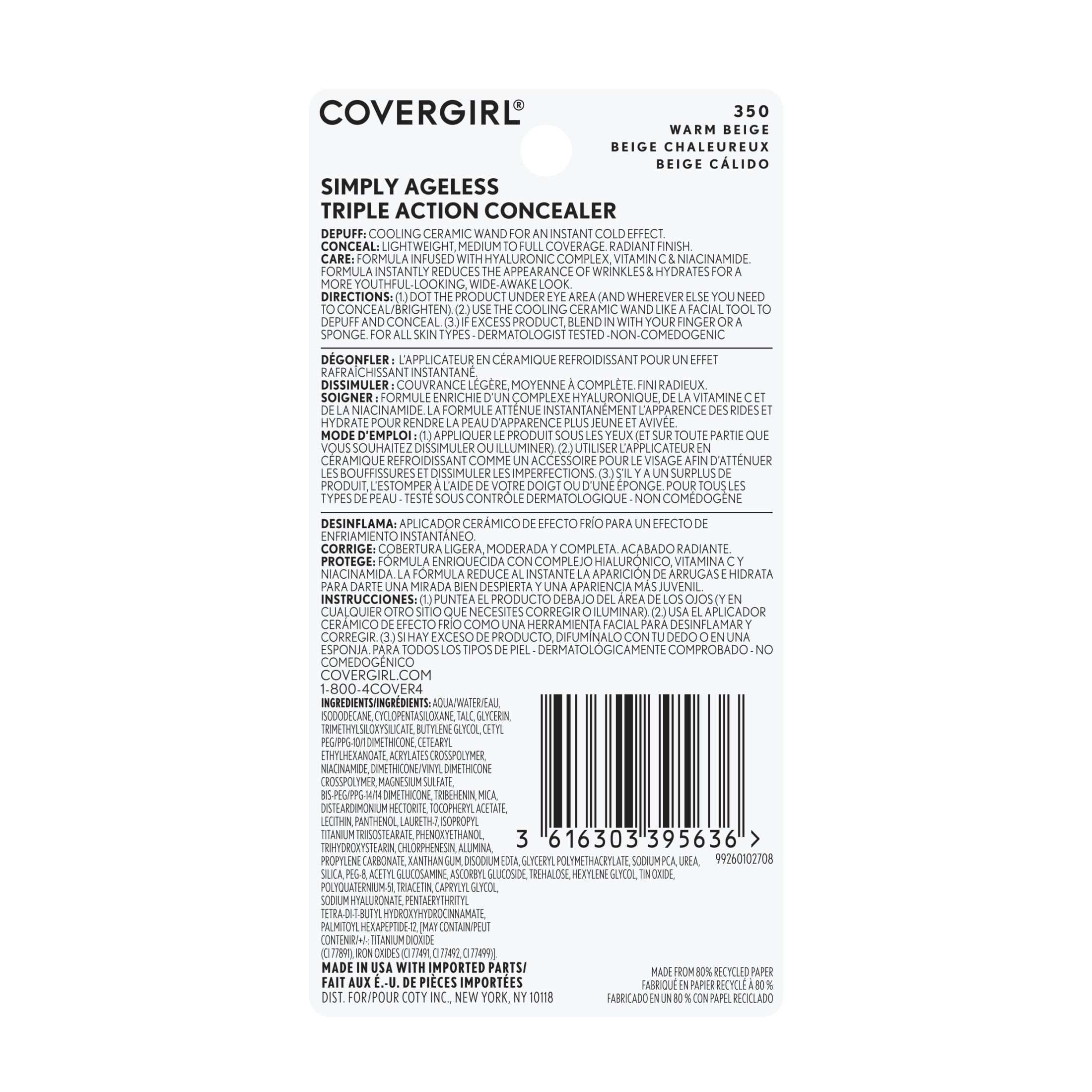 COVERGIRL Simply Ageless Triple Action Concealer, 350 Warm Beige, 0.24 fl oz
