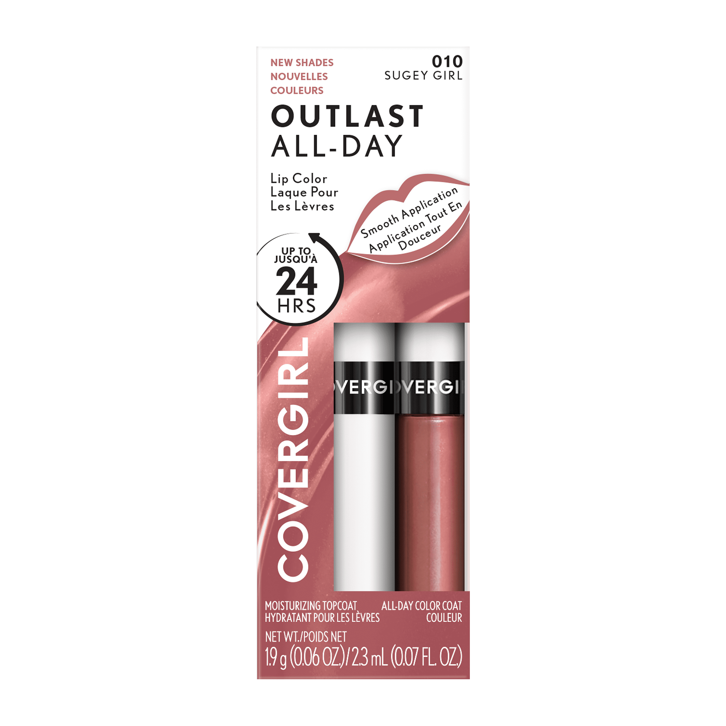 COVERGIRL Outlast All Day Lip Color with Top Coat, Sugey Girl 010, 0.06 oz / 0.07 fl oz
