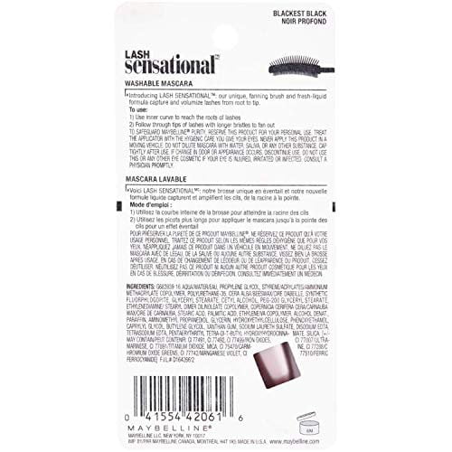 Maybelline Lash Sensational Washable Mascara Makeup, Volumizing, Lengthening, Full-Fan Effect, Blackest Black, 0.32 Fl Oz, 2 Count